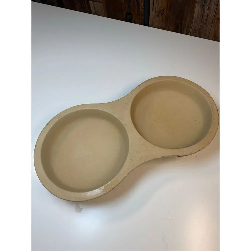 Pampered Chef Double Pet Bowl Feeder Dish Stoneware Tan USA 5132